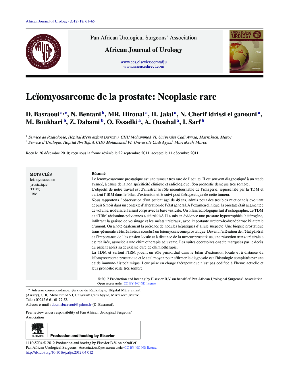 Leïomyosarcome de la prostate: Neoplasie rare 