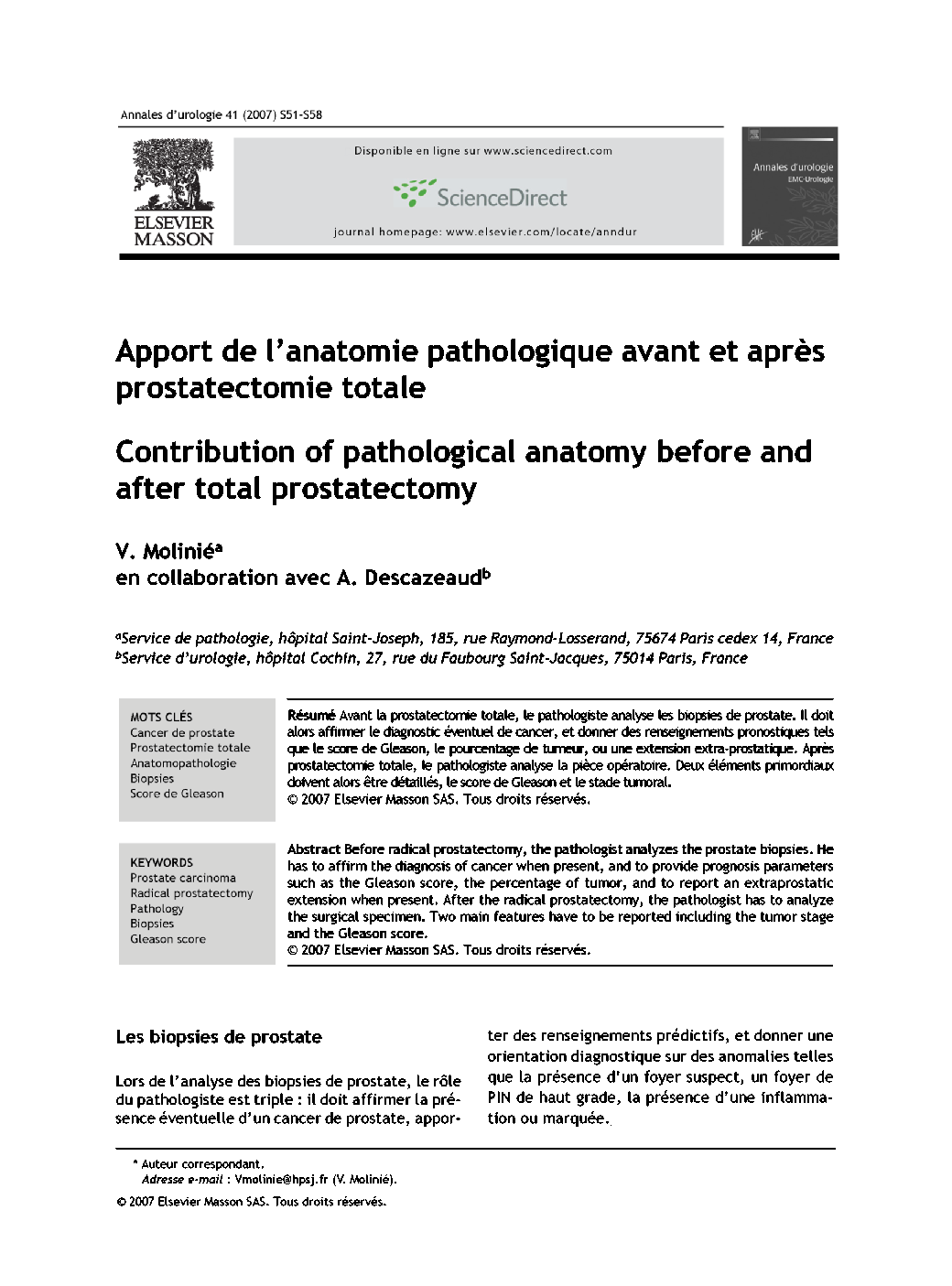 Apport de l'anatomie patholosique avant et après prostatectomie totale