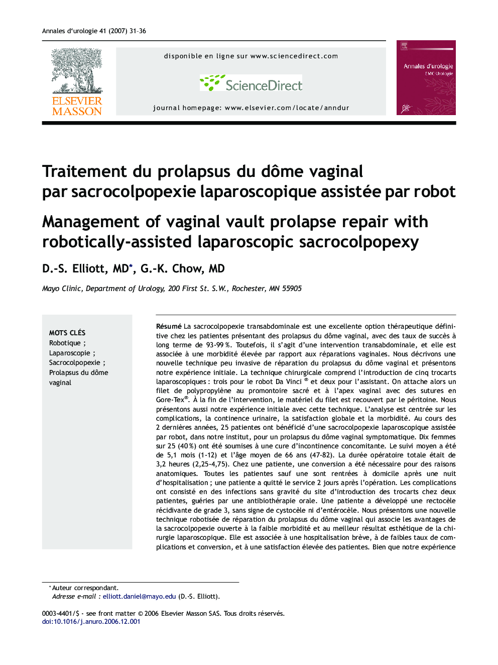 Traitement du prolapsus du dôme vaginal par sacrocolpopexie laparoscopique assistée par robot