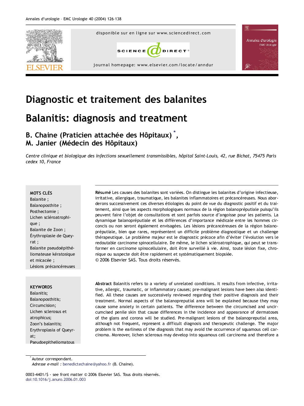 Diagnostic et traitement des balanites