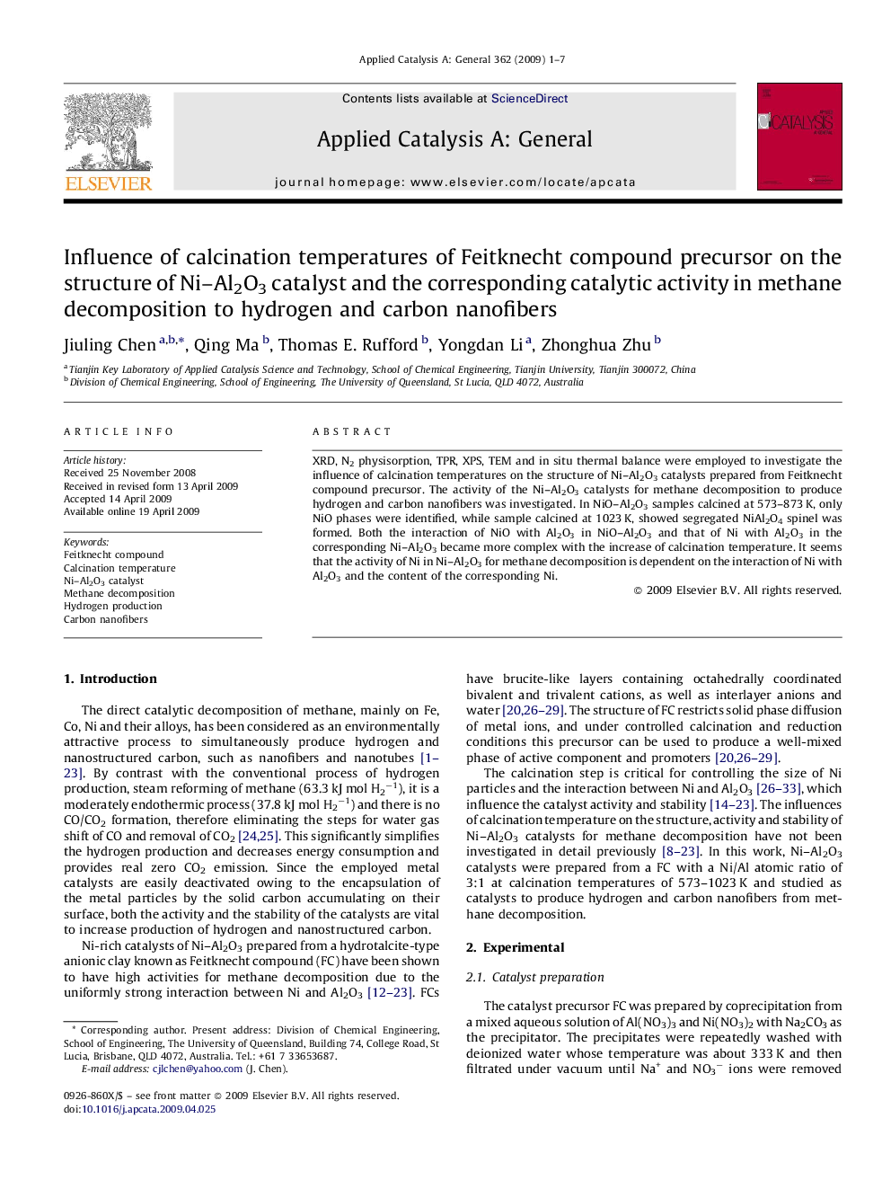 Influence of calcination temperatures of Feitknecht compound precursor on the structure of Ni–Al2O3 catalyst and the corresponding catalytic activity in methane decomposition to hydrogen and carbon nanofibers