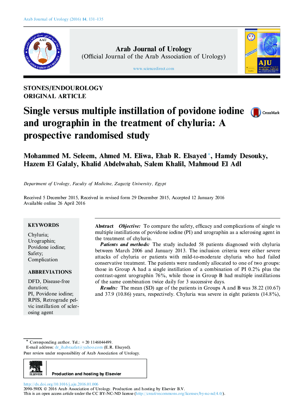 Single versus multiple instillation of povidone iodine and urographin in the treatment of chyluria: A prospective randomised study 