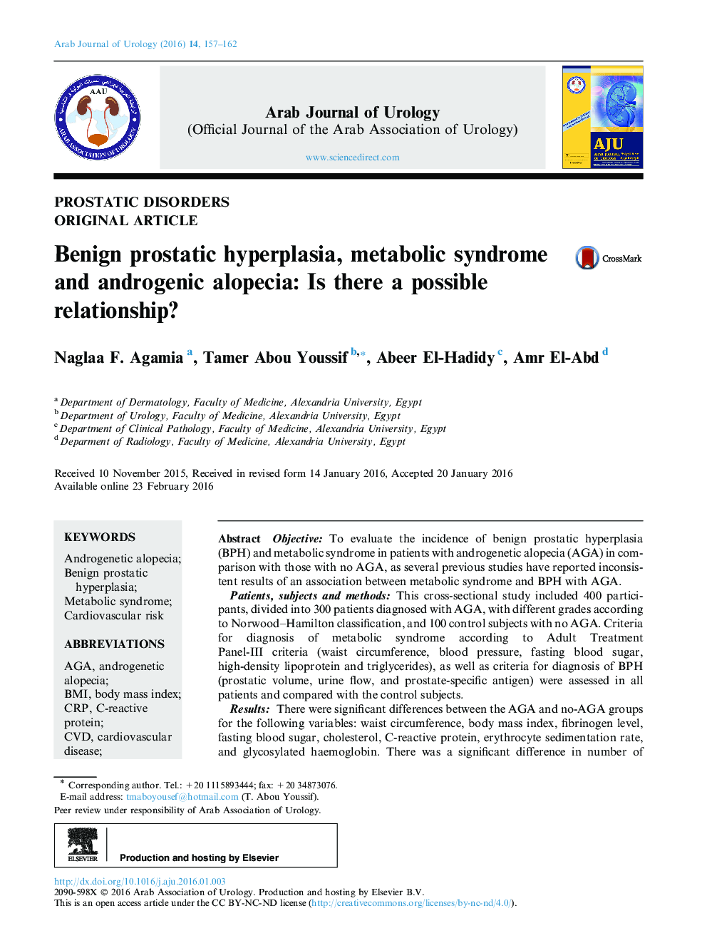 Benign prostatic hyperplasia, metabolic syndrome and androgenic alopecia: Is there a possible relationship? 