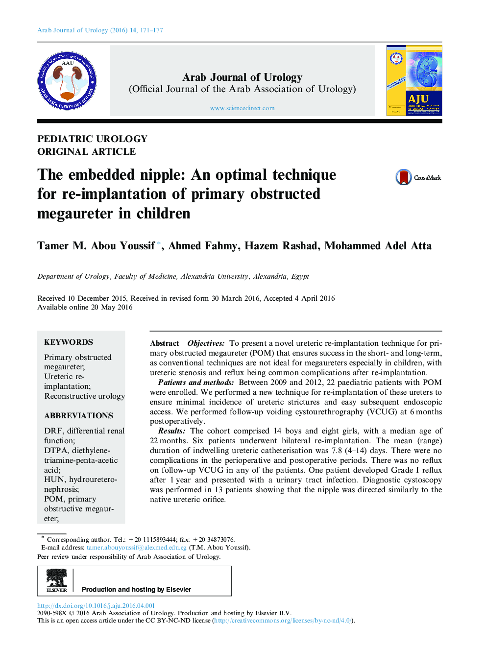 The embedded nipple: An optimal technique for re-implantation of primary obstructed megaureter in children 