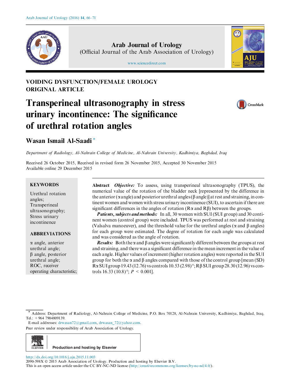 Transperineal ultrasonography in stress urinary incontinence: The significance of urethral rotation angles 