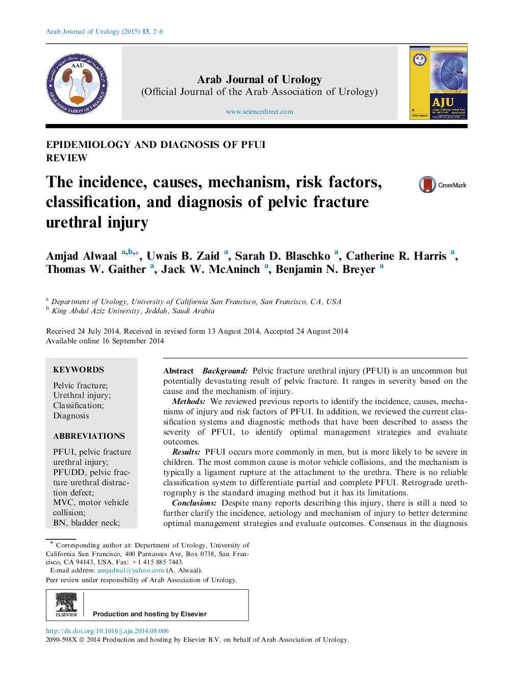 The incidence, causes, mechanism, risk factors, classification, and diagnosis of pelvic fracture urethral injury 