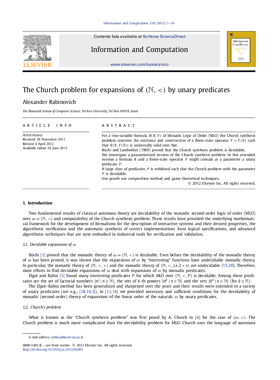 عکس صفحه اول مقاله: The Church problem for expansions of (N,<)(N,<) by unary predicates The Church problem for expansions of (N,<)(N,<) by unary predicates