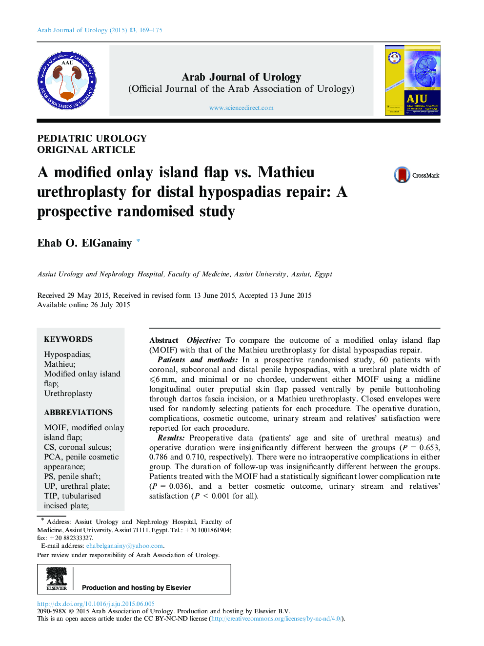 A modified onlay island flap vs. Mathieu urethroplasty for distal hypospadias repair: A prospective randomised study 