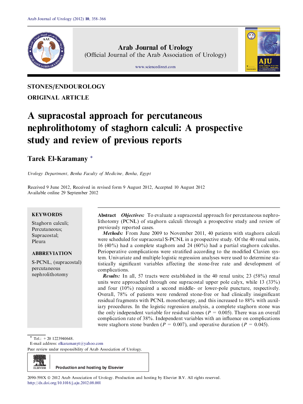 A supracostal approach for percutaneous nephrolithotomy of staghorn calculi: A prospective study and review of previous reports 