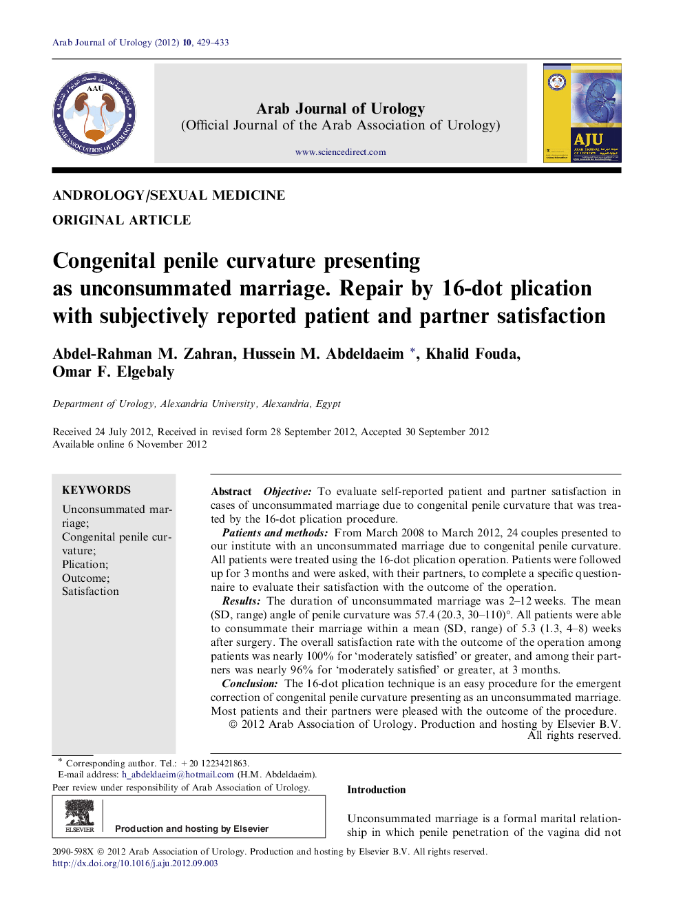 Congenital penile curvature presenting as unconsummated marriage. Repair by 16-dot plication with subjectively reported patient and partner satisfaction 