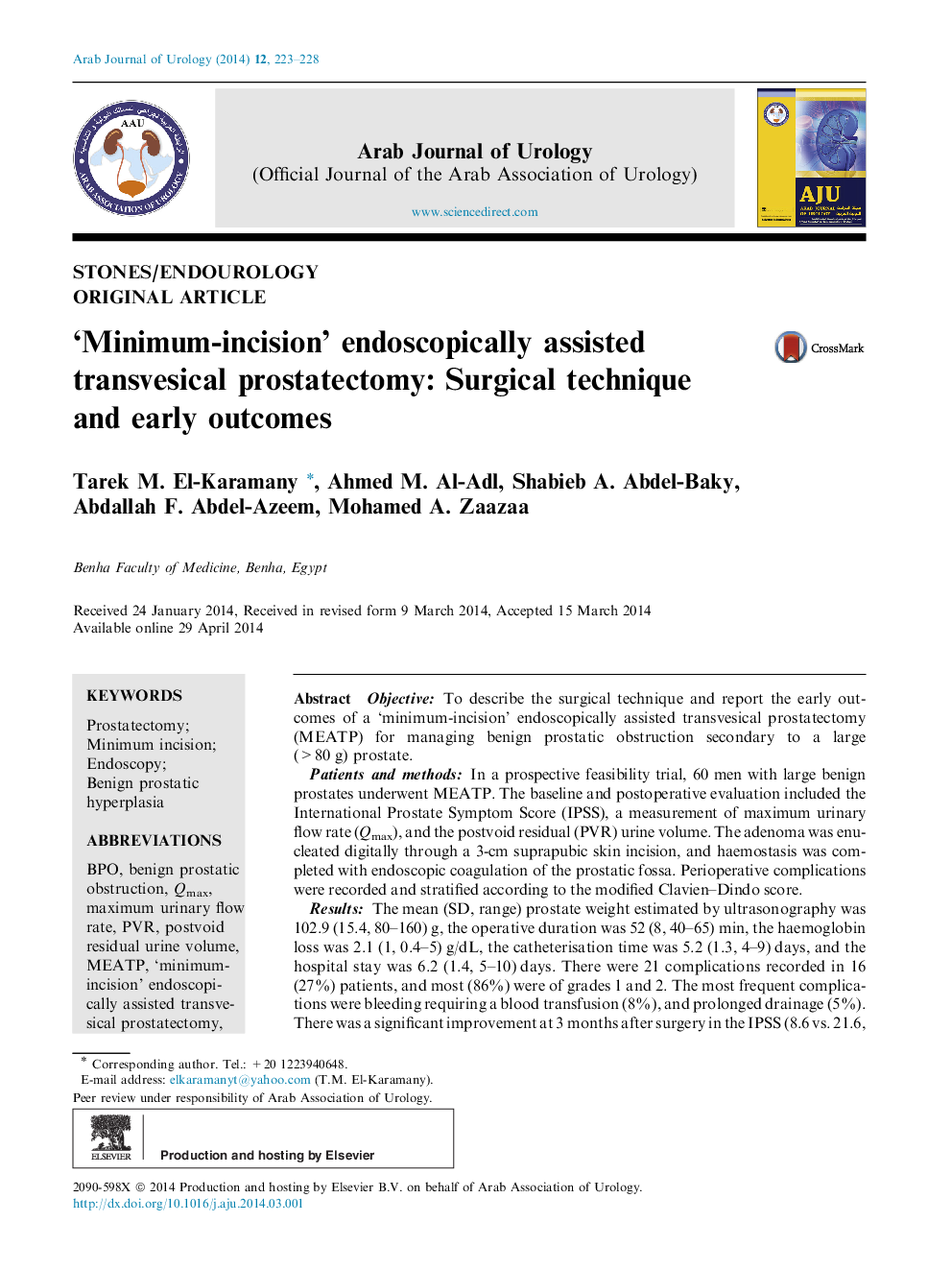 ‘Minimum-incision’ endoscopically assisted transvesical prostatectomy: Surgical technique and early outcomes 