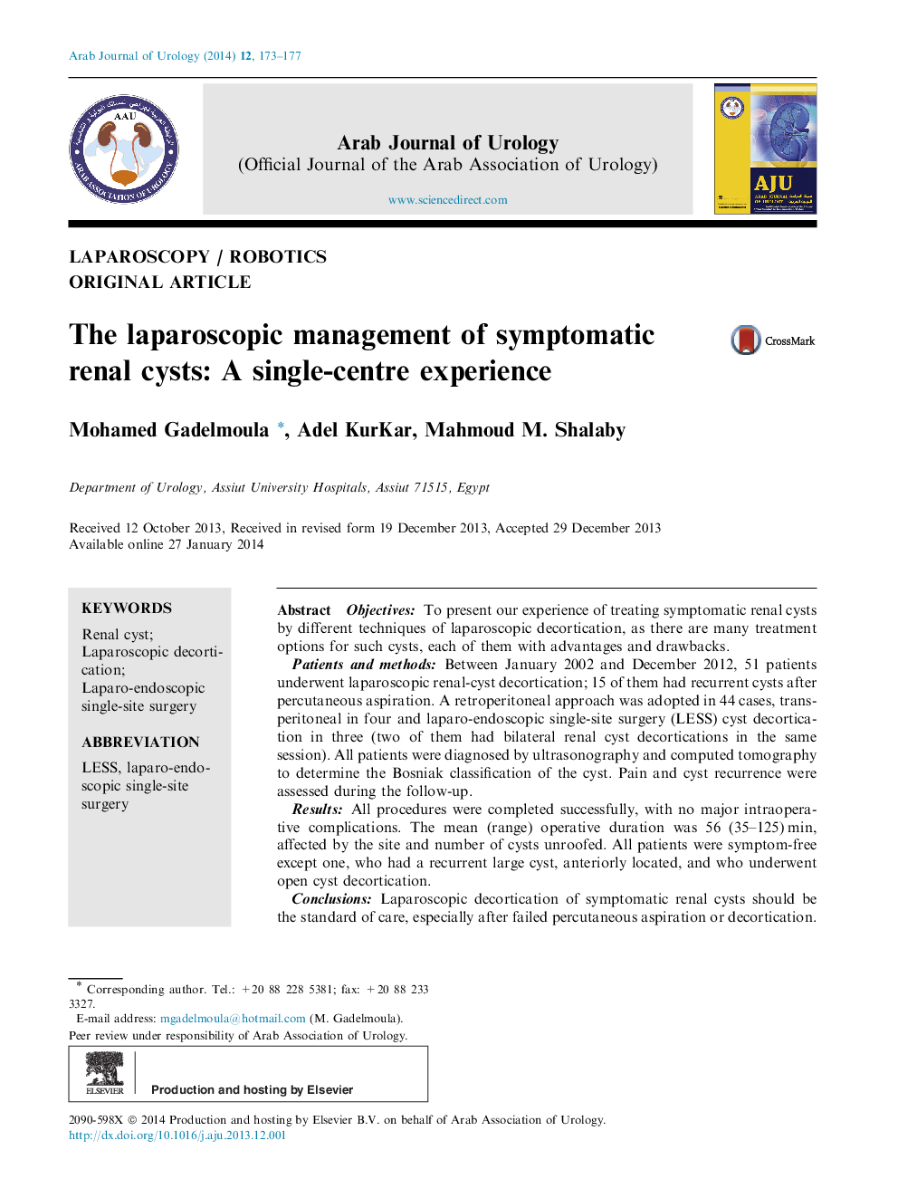 The laparoscopic management of symptomatic renal cysts: A single-centre experience 