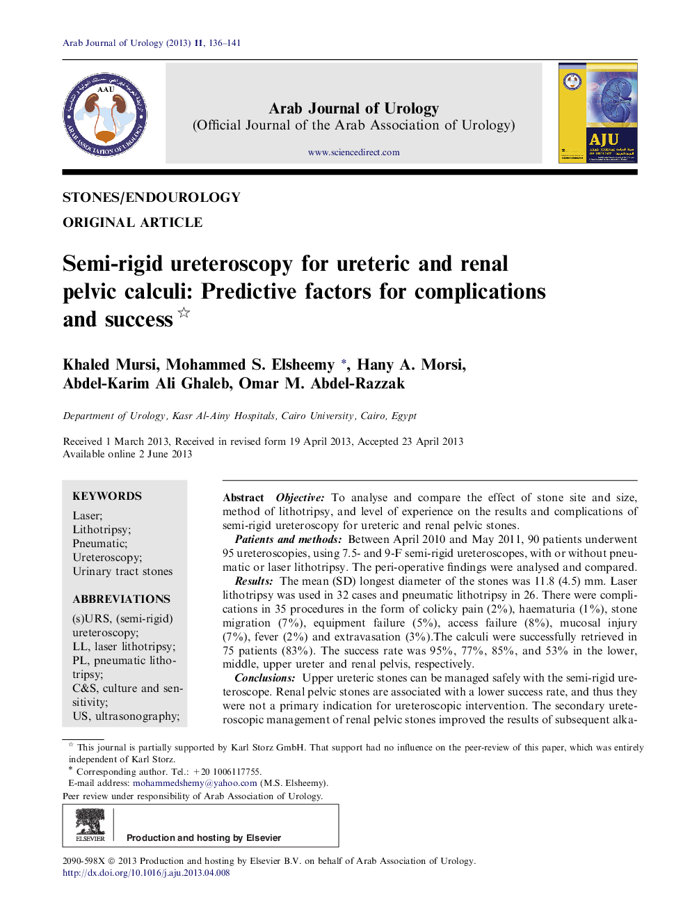 Semi-rigid ureteroscopy for ureteric and renal pelvic calculi: Predictive factors for complications and success 