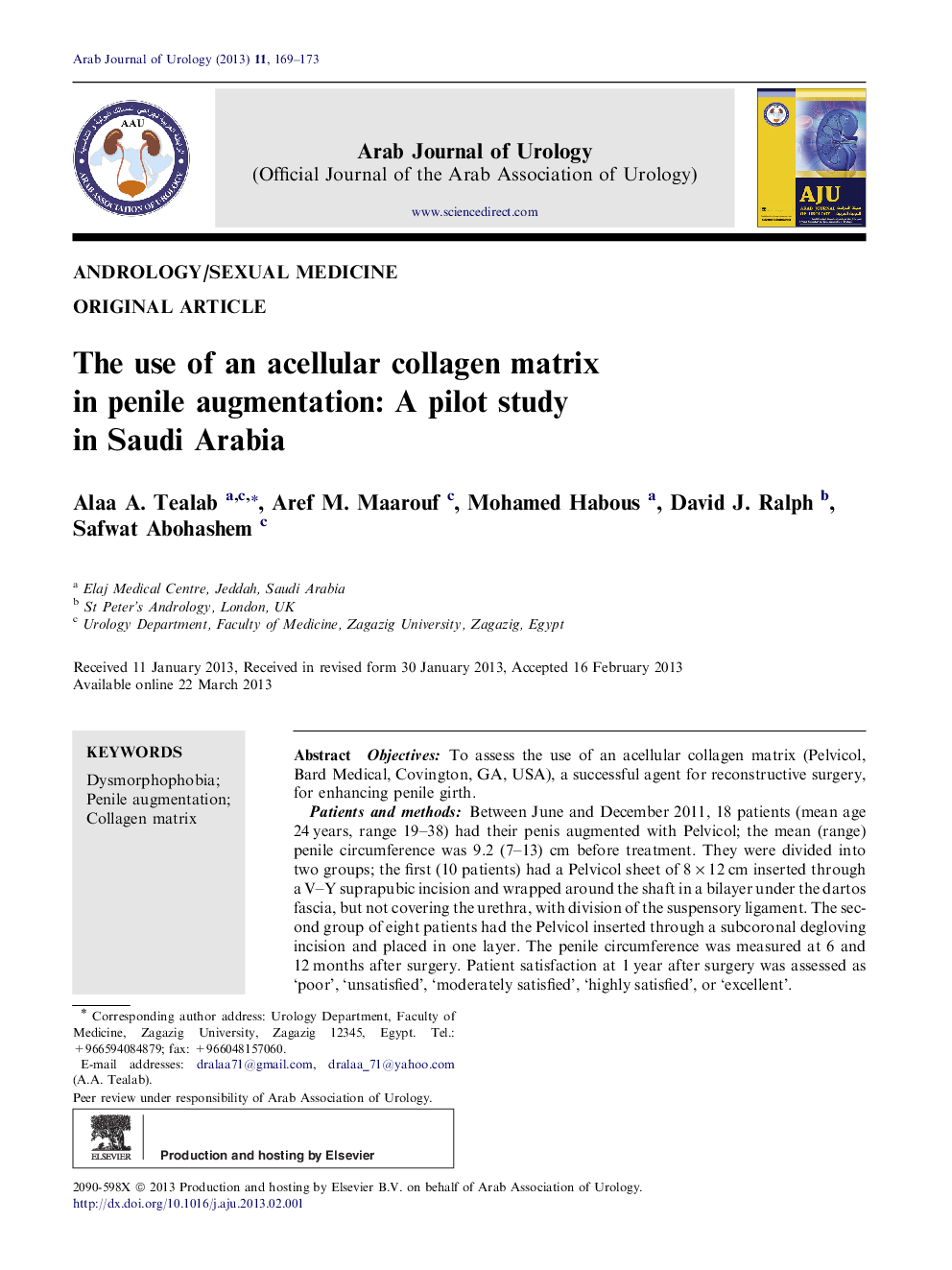 The use of an acellular collagen matrix in penile augmentation: A pilot study in Saudi Arabia 