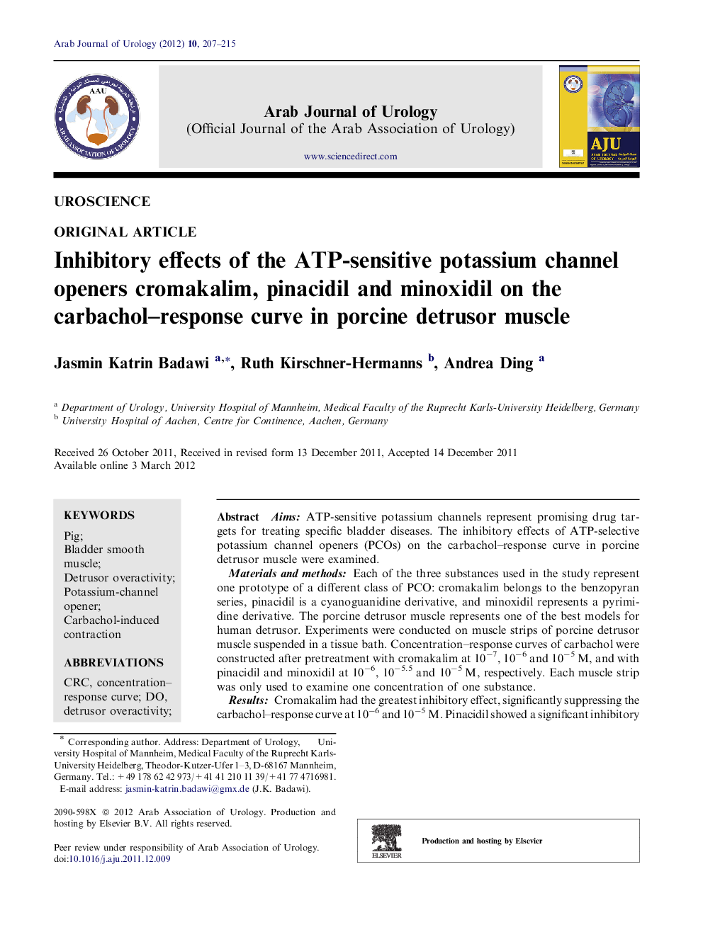 Inhibitory effects of the ATP-sensitive potassium channel openers cromakalim, pinacidil and minoxidil on the carbachol–response curve in porcine detrusor muscle