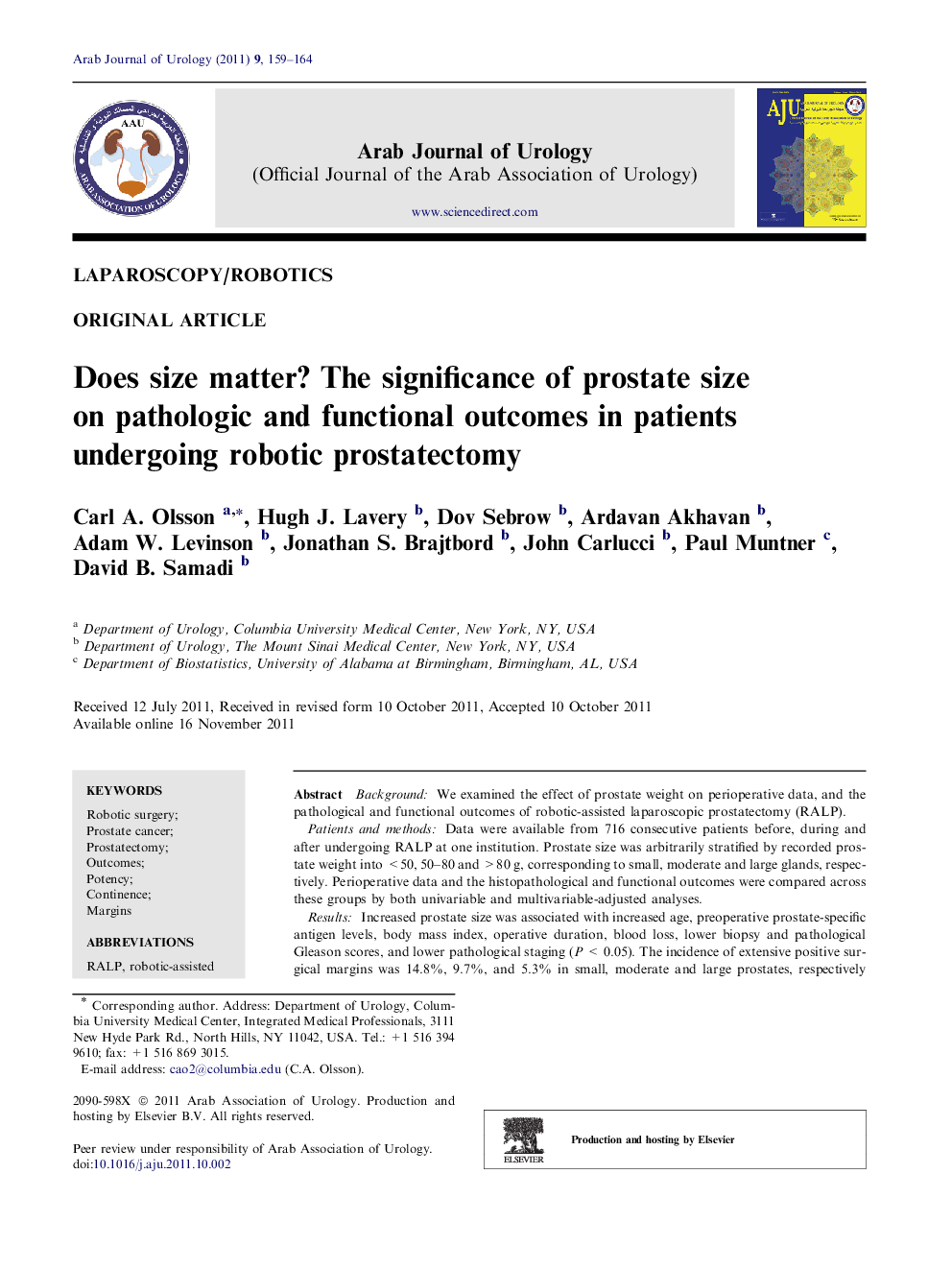 Does size matter? The significance of prostate size on pathologic and functional outcomes in patients undergoing robotic prostatectomy