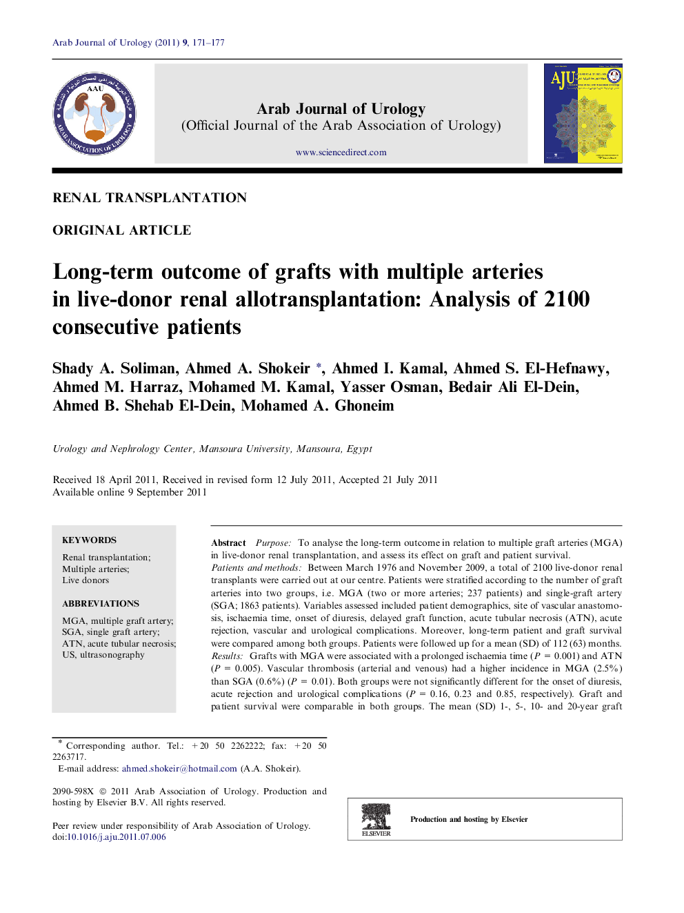 Long-term outcome of grafts with multiple arteries in live-donor renal allotransplantation: Analysis of 2100 consecutive patients