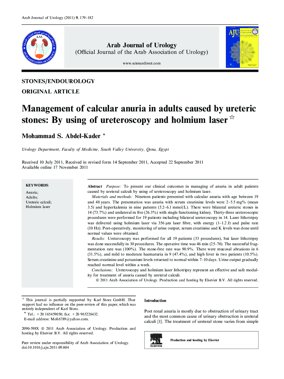 Management of calcular anuria in adults caused by ureteric stones: By using of ureteroscopy and holmium laser 