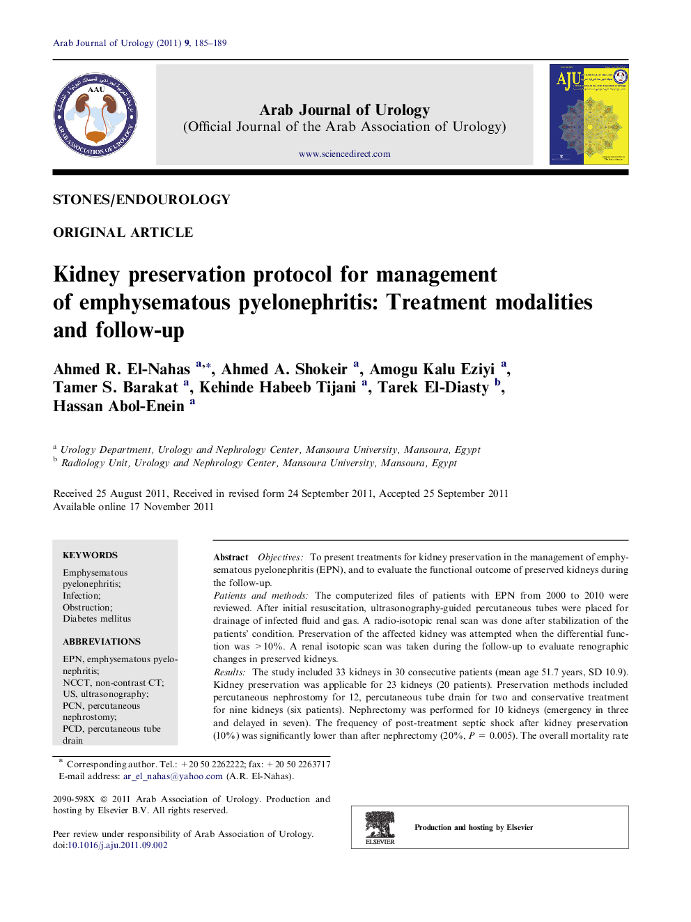 Kidney preservation protocol for management of emphysematous pyelonephritis: Treatment modalities and follow-up