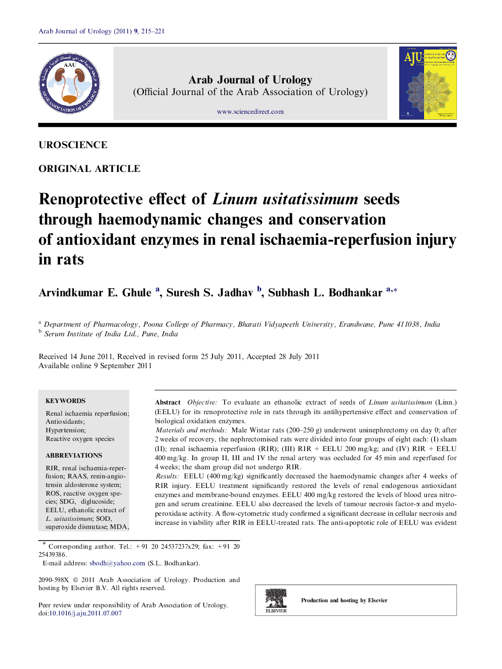 Renoprotective effect of Linum usitatissimum seeds through haemodynamic changes and conservation of antioxidant enzymes in renal ischaemia-reperfusion injury in rats