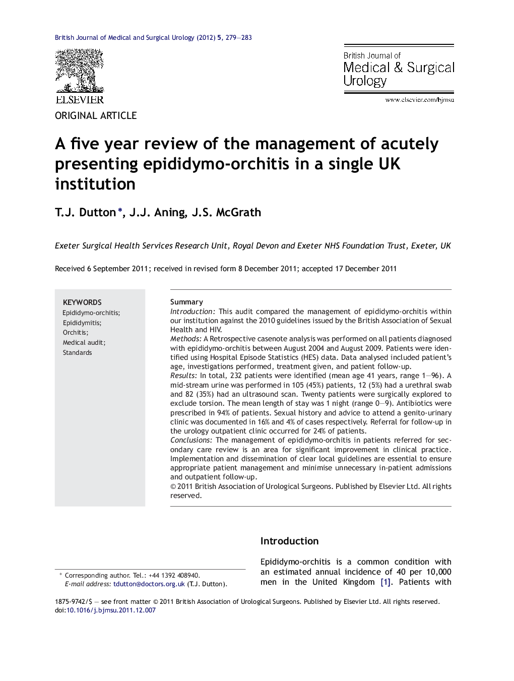 A five year review of the management of acutely presenting epididymo-orchitis in a single UK institution