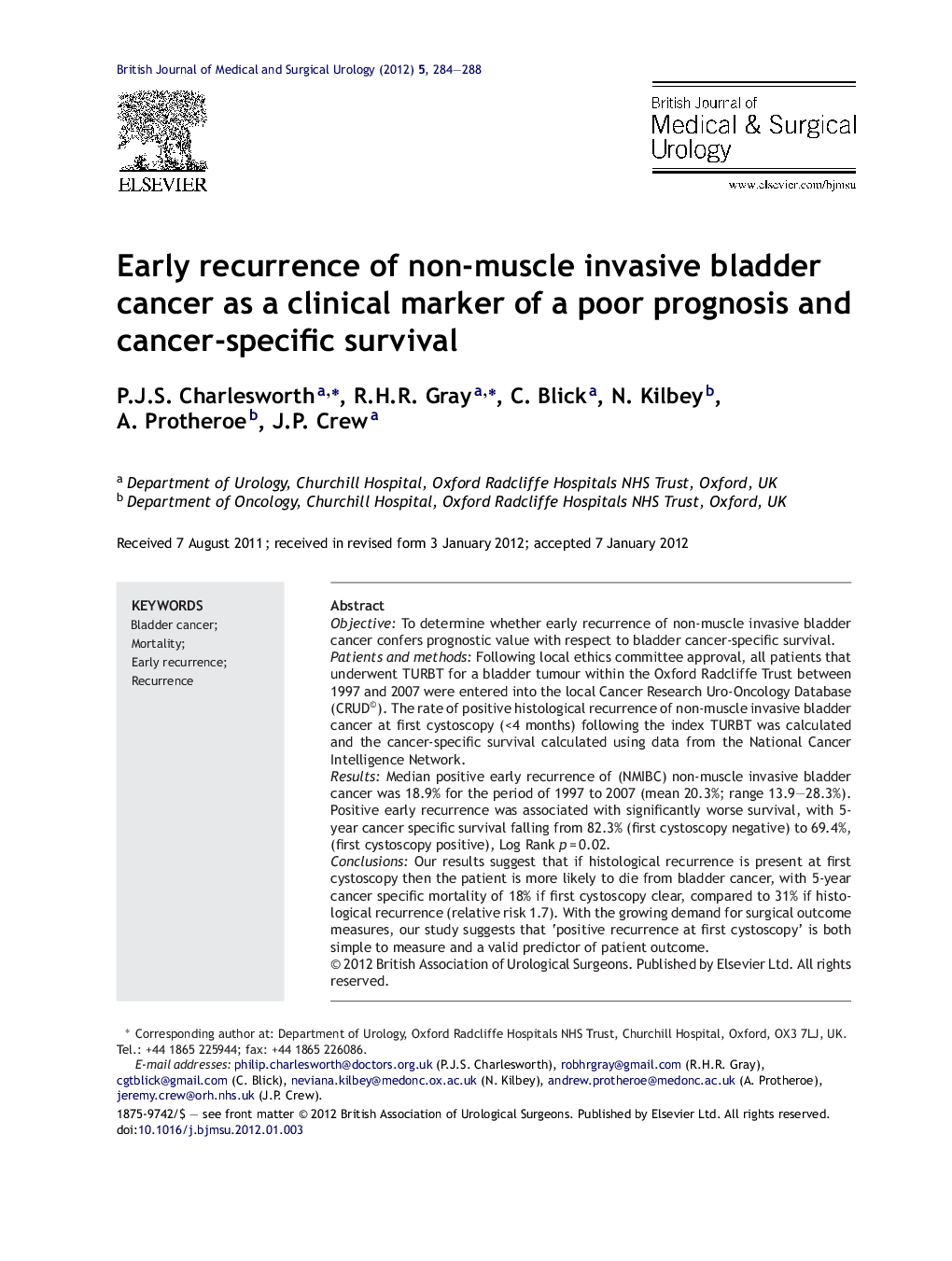 Early recurrence of non-muscle invasive bladder cancer as a clinical marker of a poor prognosis and cancer-specific survival