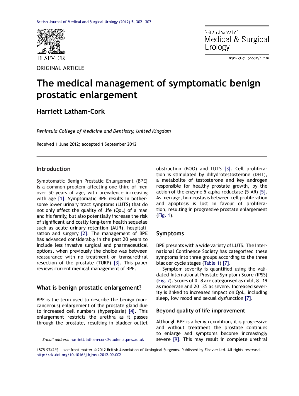 The medical management of symptomatic benign prostatic enlargement