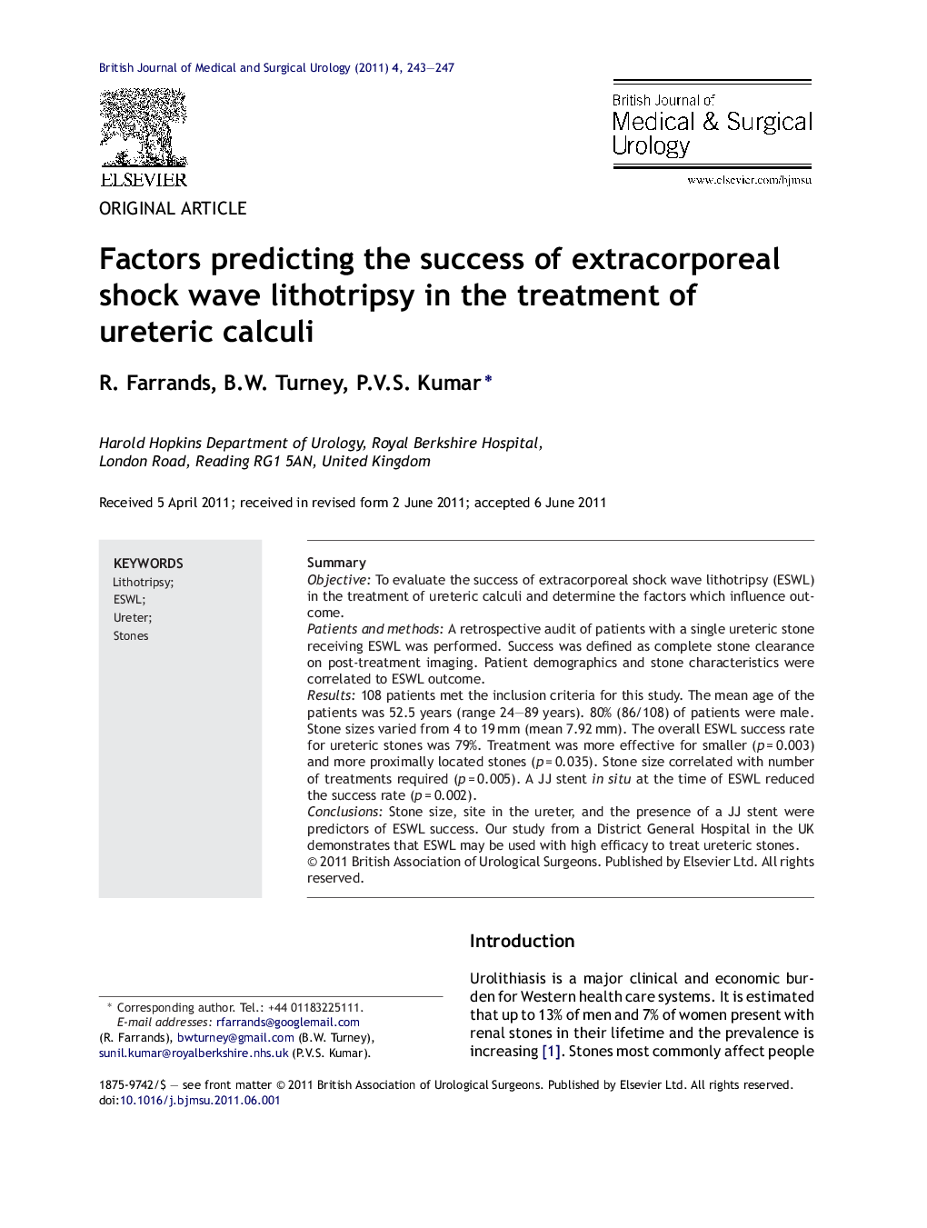 Factors predicting the success of extracorporeal shock wave lithotripsy in the treatment of ureteric calculi