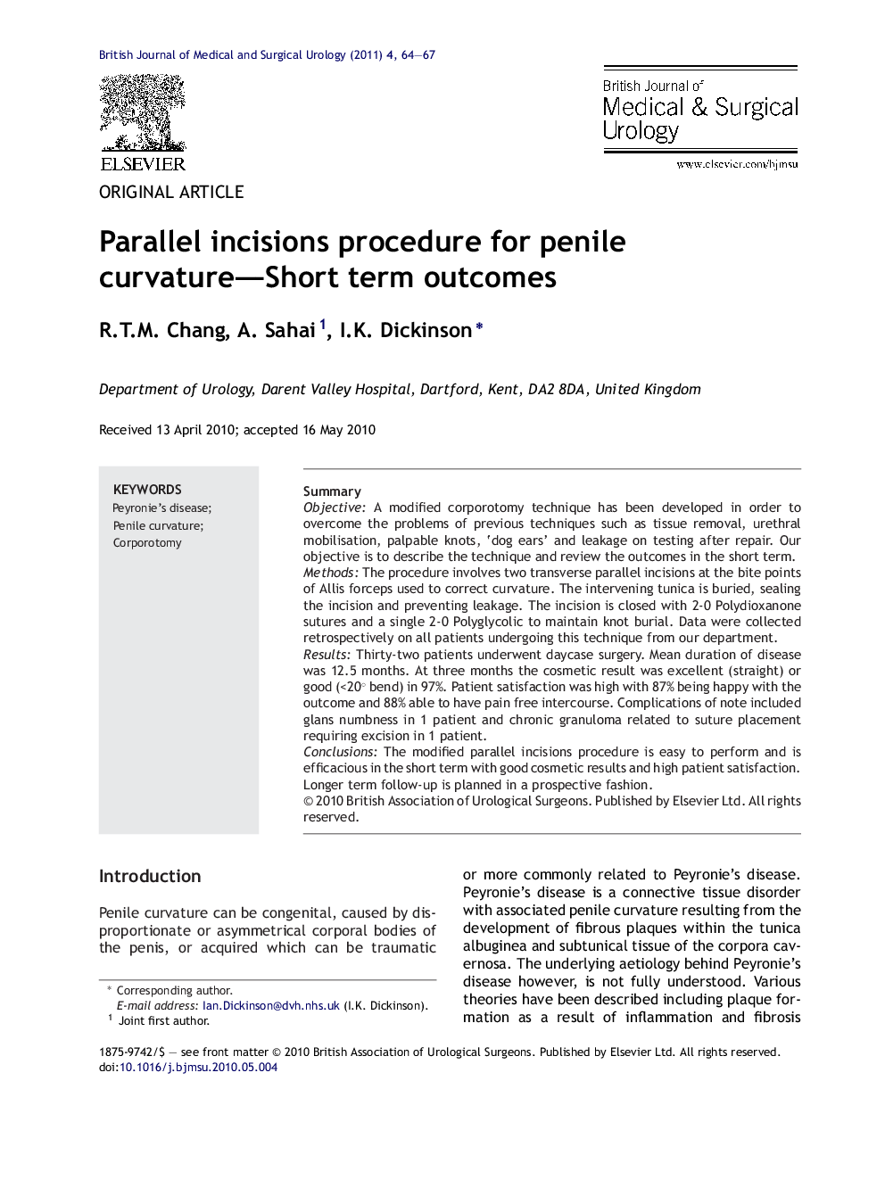 Parallel incisions procedure for penile curvature-Short term outcomes