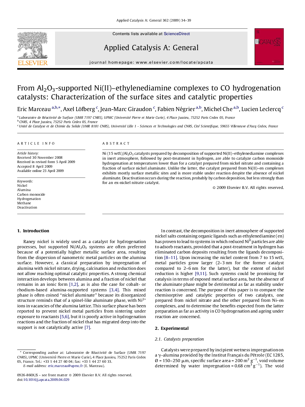 From Al2O3-supported Ni(II)–ethylenediamine complexes to CO hydrogenation catalysts: Characterization of the surface sites and catalytic properties