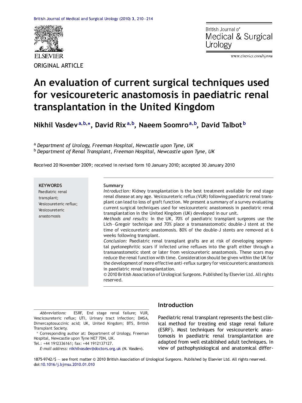 An evaluation of current surgical techniques used for vesicoureteric anastomosis in paediatric renal transplantation in the United Kingdom