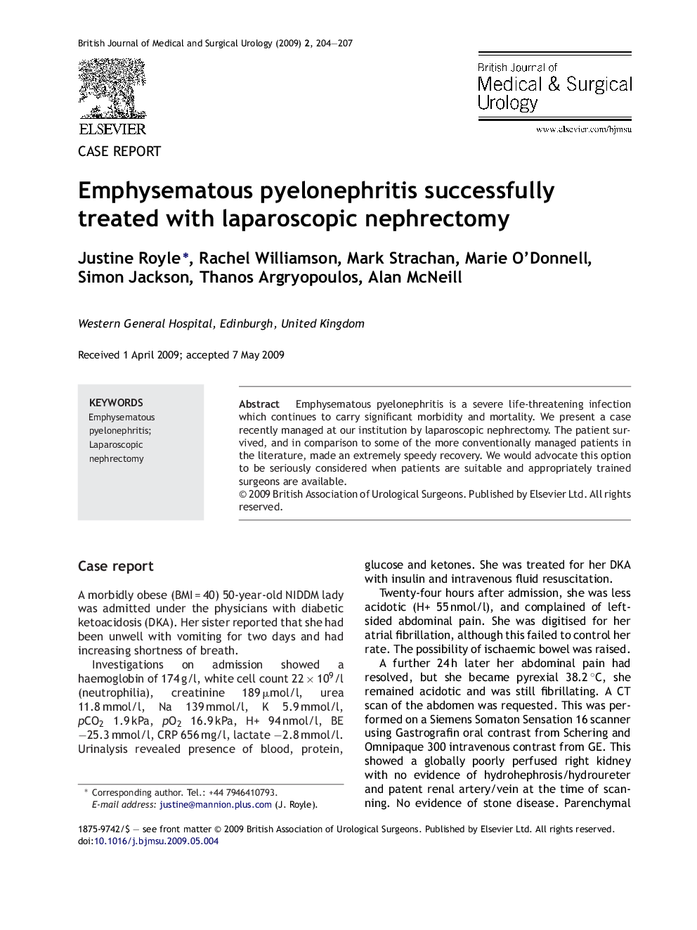 Emphysematous pyelonephritis successfully treated with laparoscopic nephrectomy