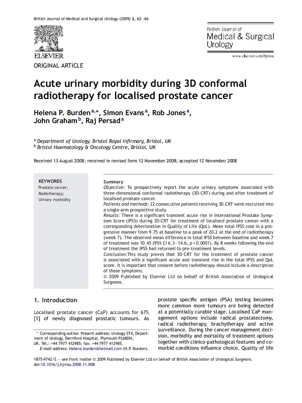 Acute urinary morbidity during 3D conformal radiotherapy for localised prostate cancer