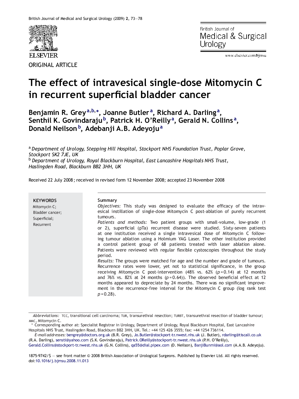 The effect of intravesical single-dose Mitomycin C in recurrent superficial bladder cancer