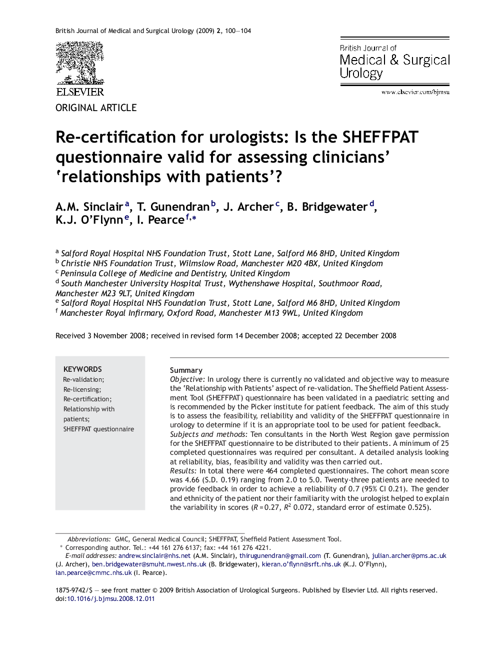 Re-certification for urologists: Is the SHEFFPAT questionnaire valid for assessing clinicians' 'relationships with patients'?