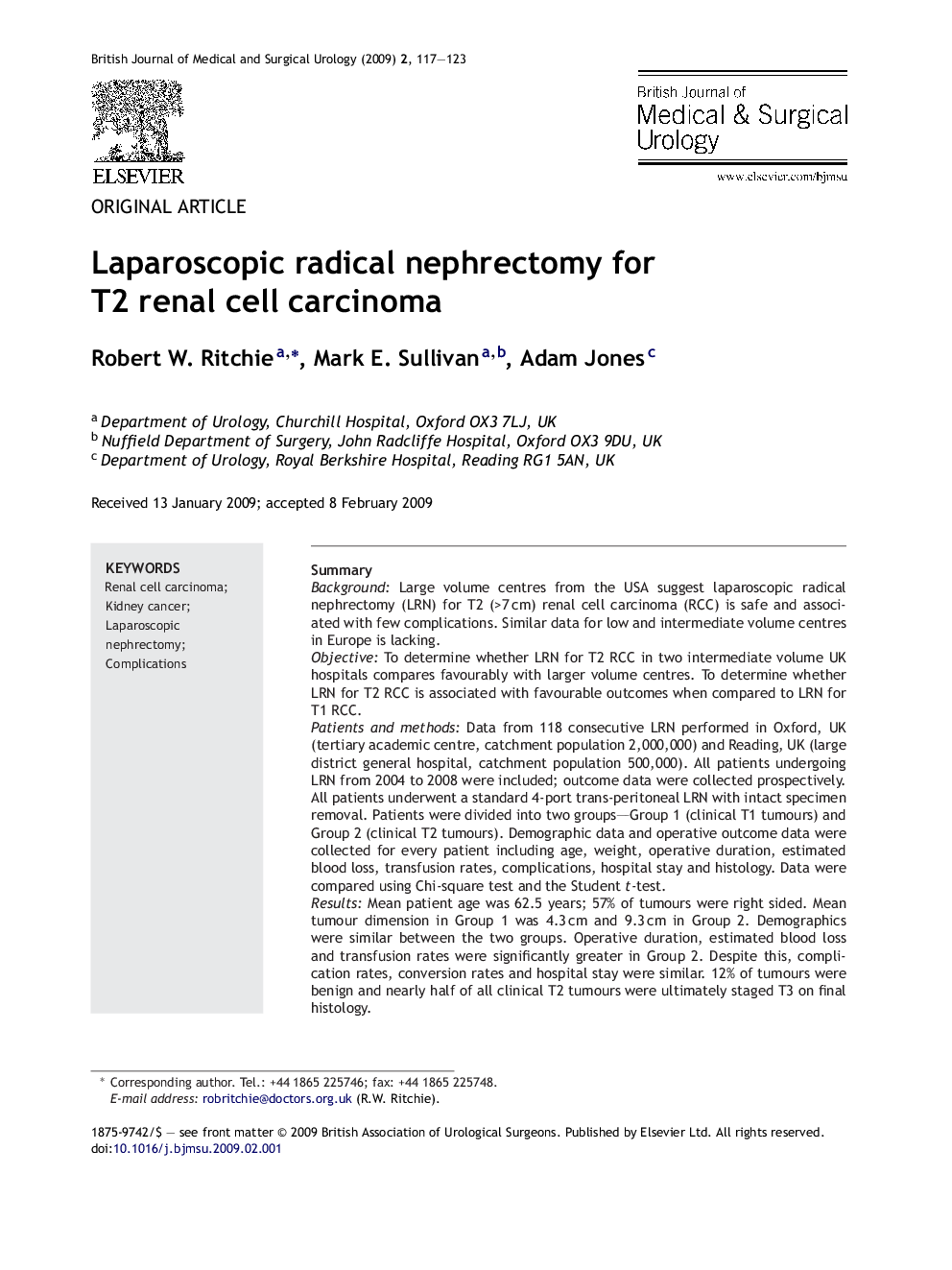 Laparoscopic radical nephrectomy for T2 renal cell carcinoma