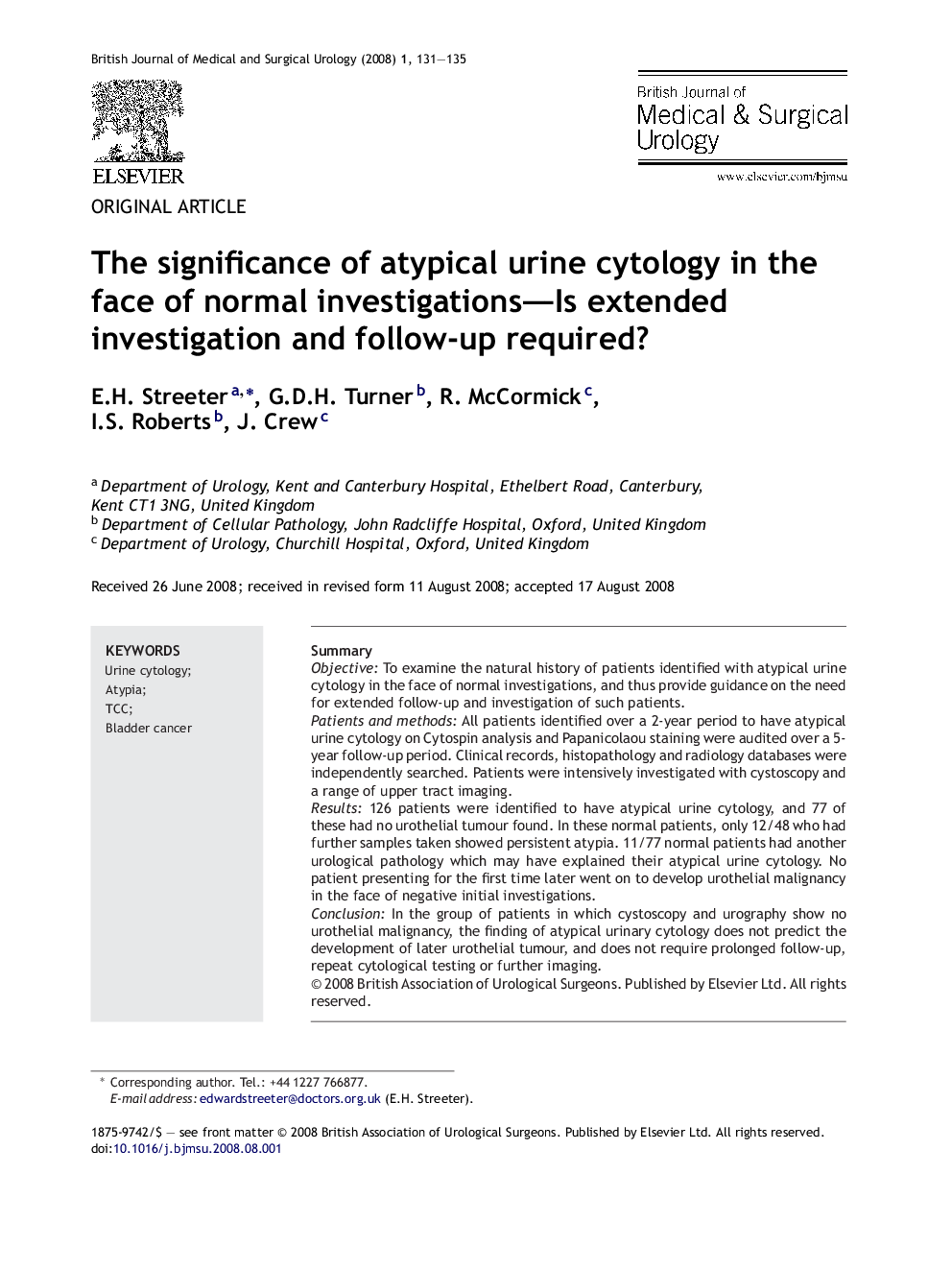 The significance of atypical urine cytology in the face of normal investigations-Is extended investigation and follow-up required?