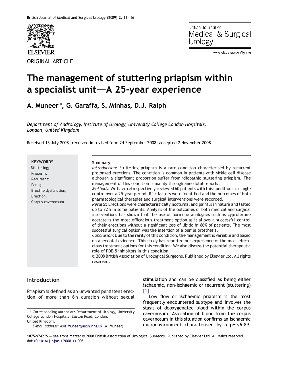 The management of stuttering priapism within a specialist unit-A 25-year experience