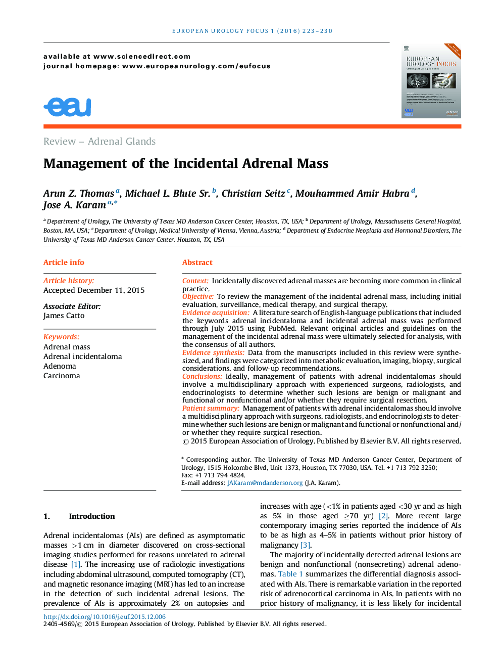 Management of the Incidental Adrenal Mass
