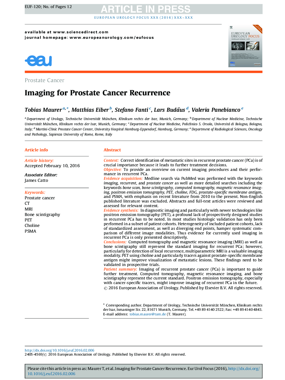 Imaging for Prostate Cancer Recurrence
