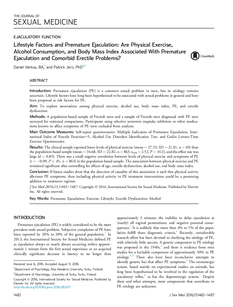 فاکتورهای شیوه زندگی و انزال زودرس: آیا ورزش فیزیکی، مصرف الکل و شاخص توده بدنی مرتبط با انزال زودرس و مشکلات انعقادی مختلط است؟ 