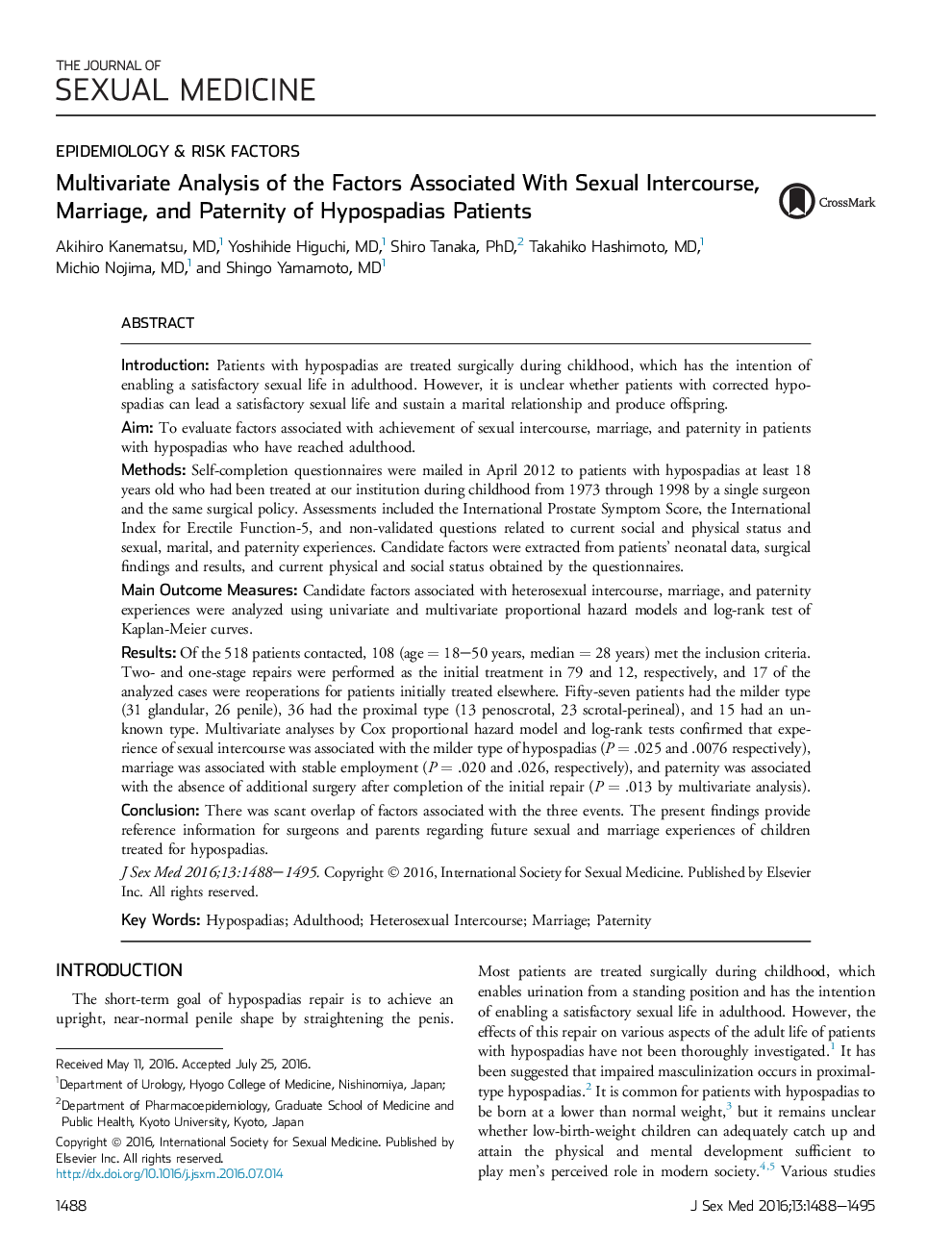 Multivariate Analysis of the Factors Associated With Sexual Intercourse, Marriage, and Paternity of Hypospadias Patients 