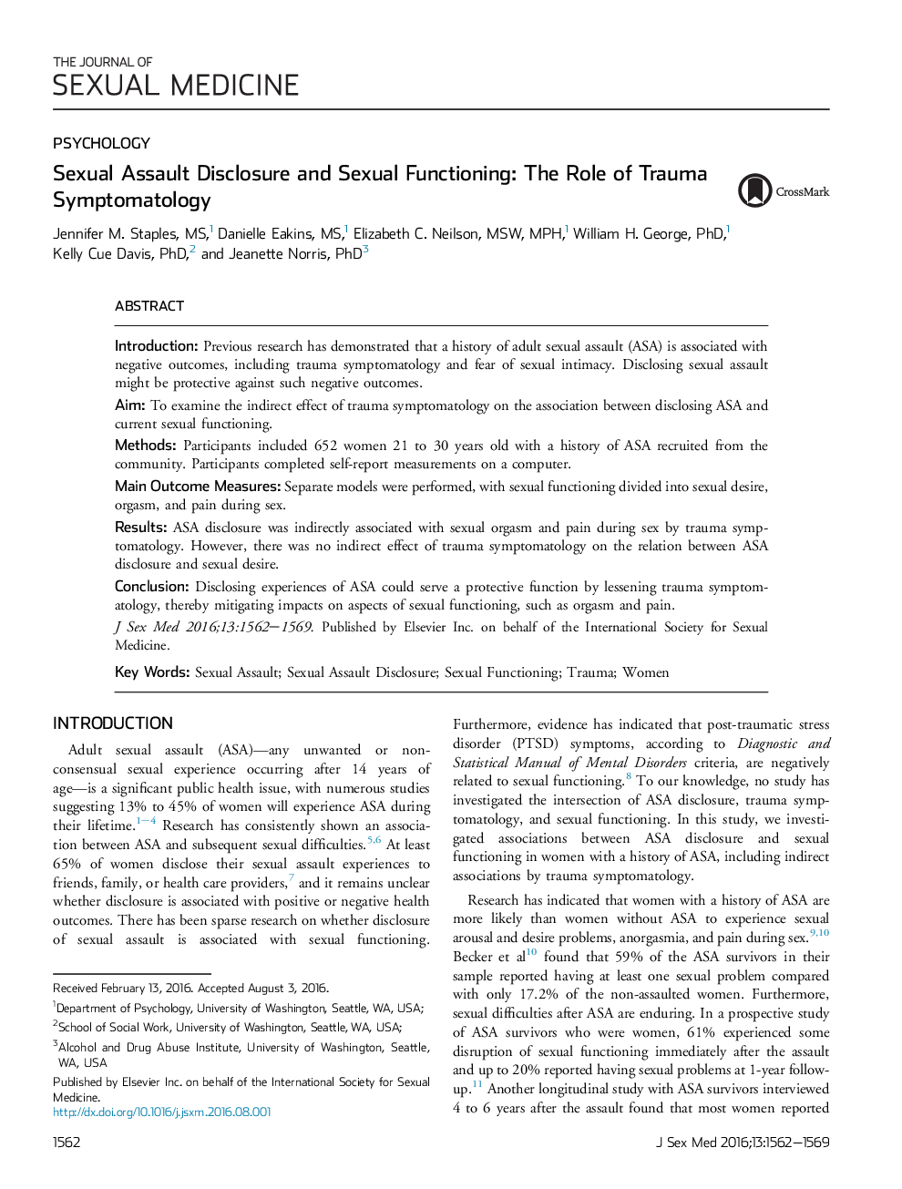 Sexual Assault Disclosure and Sexual Functioning: The Role of Trauma Symptomatology 