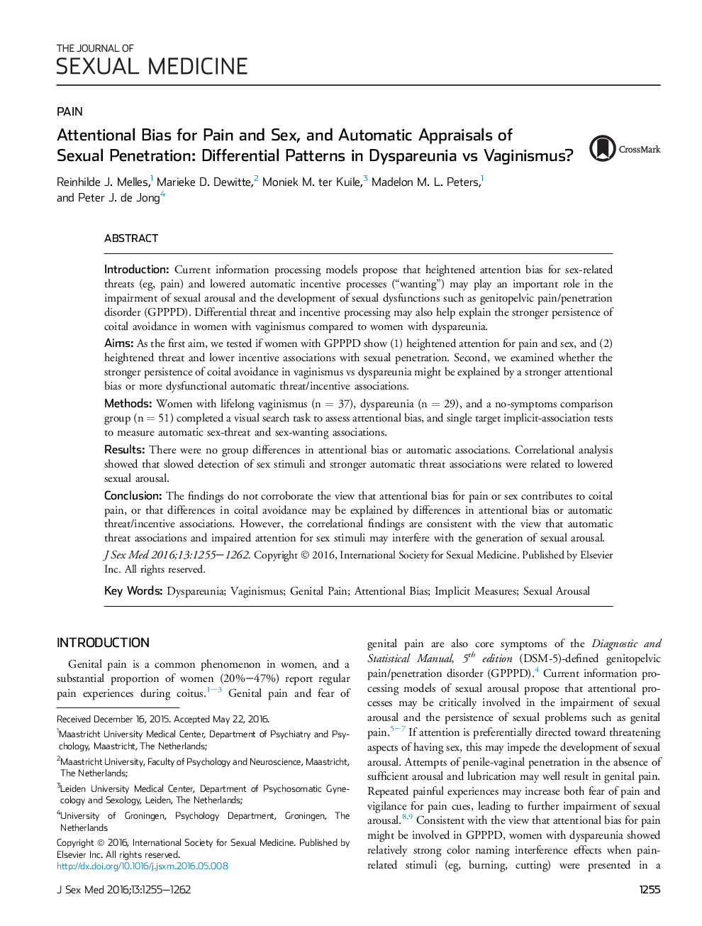 Attentional Bias for Pain and Sex, and Automatic Appraisals of Sexual Penetration: Differential Patterns in Dyspareunia vs Vaginismus? 