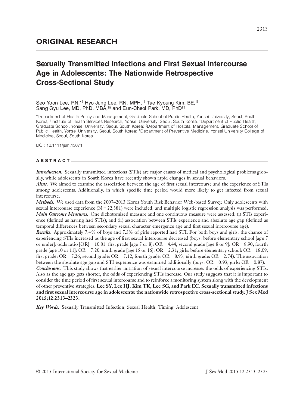 Sexually Transmitted Infections and First Sexual Intercourse Age in Adolescents: The Nationwide Retrospective Cross‐Sectional Study