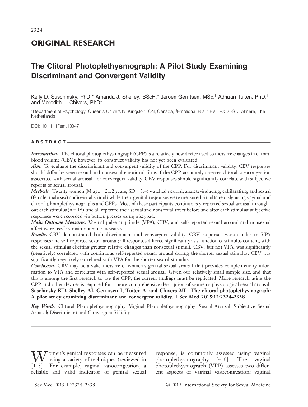 The Clitoral Photoplethysmograph: A Pilot Study Examining Discriminant and Convergent Validity