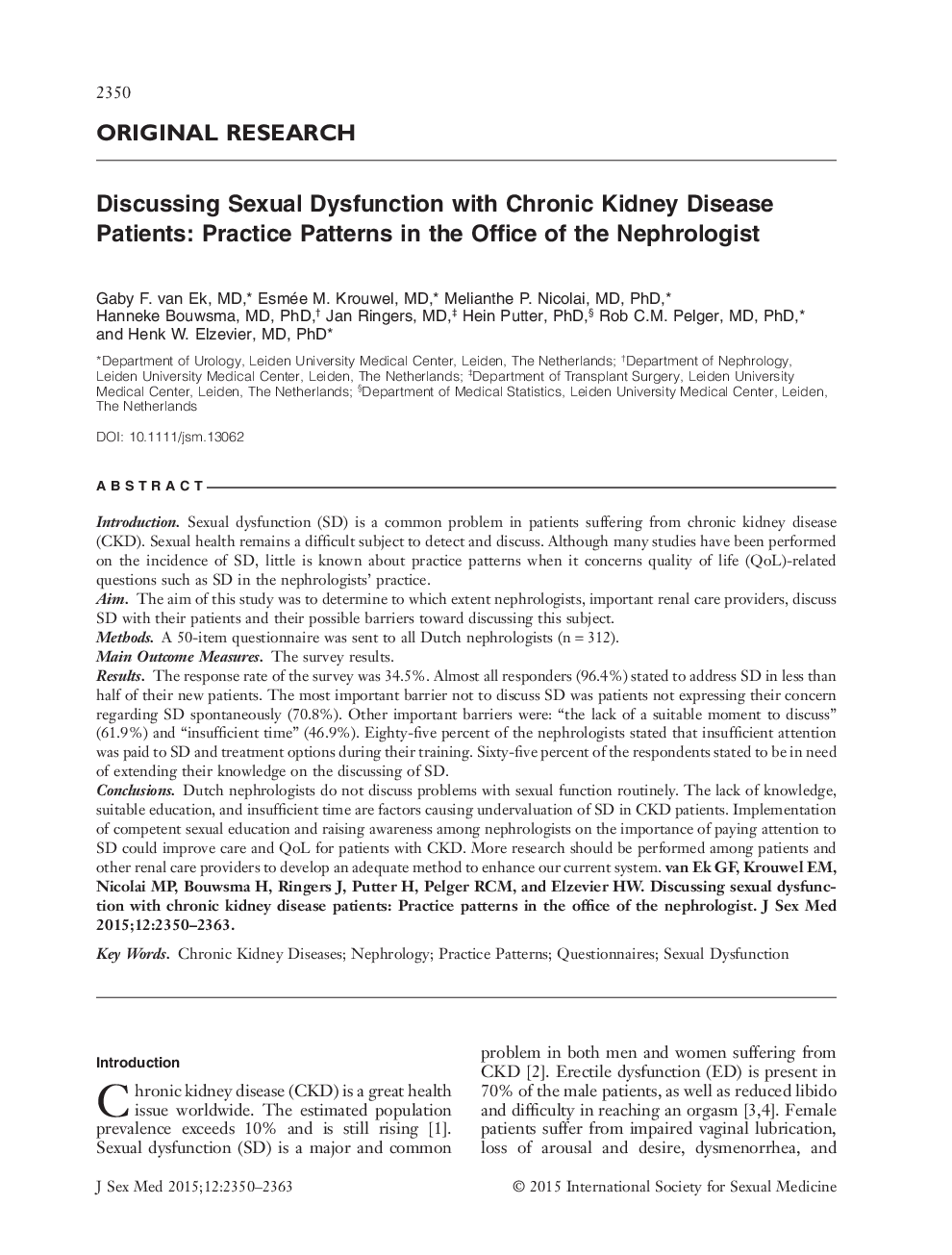 Discussing Sexual Dysfunction with Chronic Kidney Disease Patients: Practice Patterns in the Office of the Nephrologist