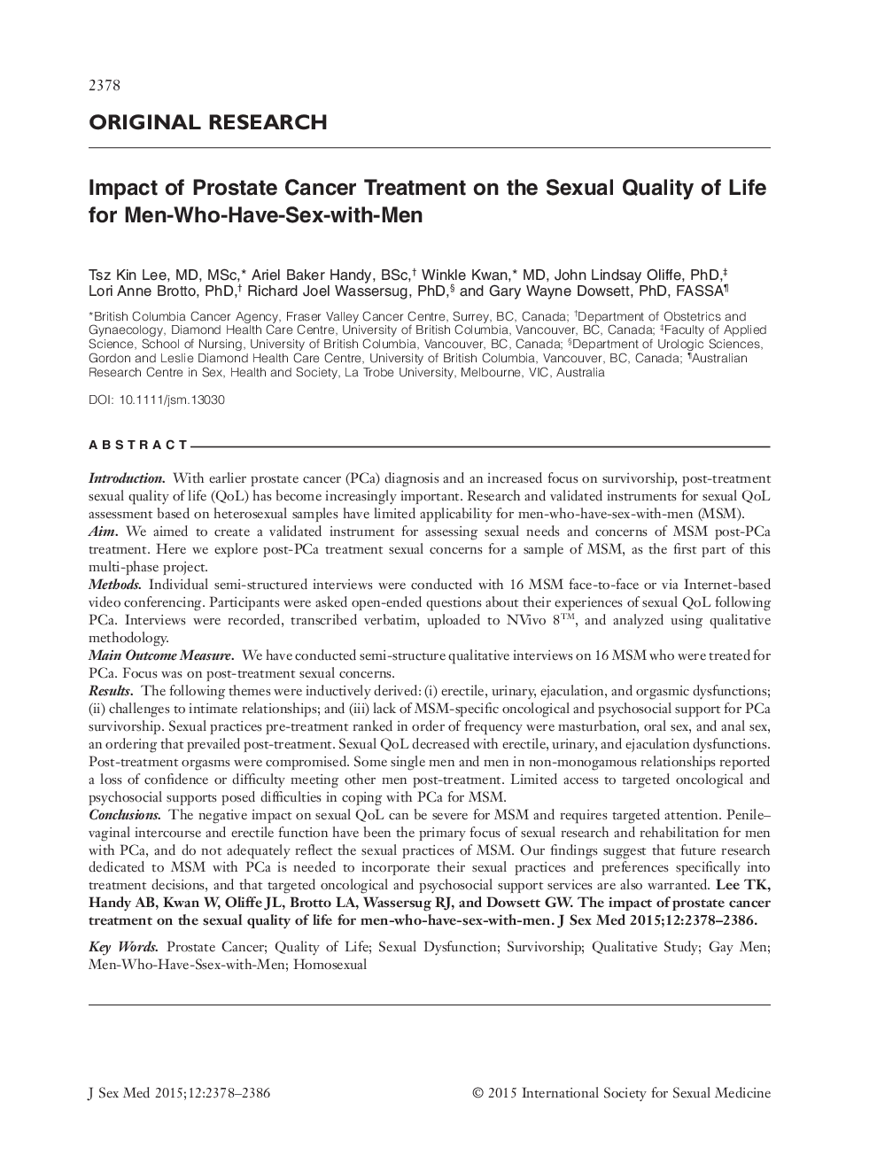 Impact of Prostate Cancer Treatment on the Sexual Quality of Life for Men‐Who‐Have‐Sex‐with‐Men