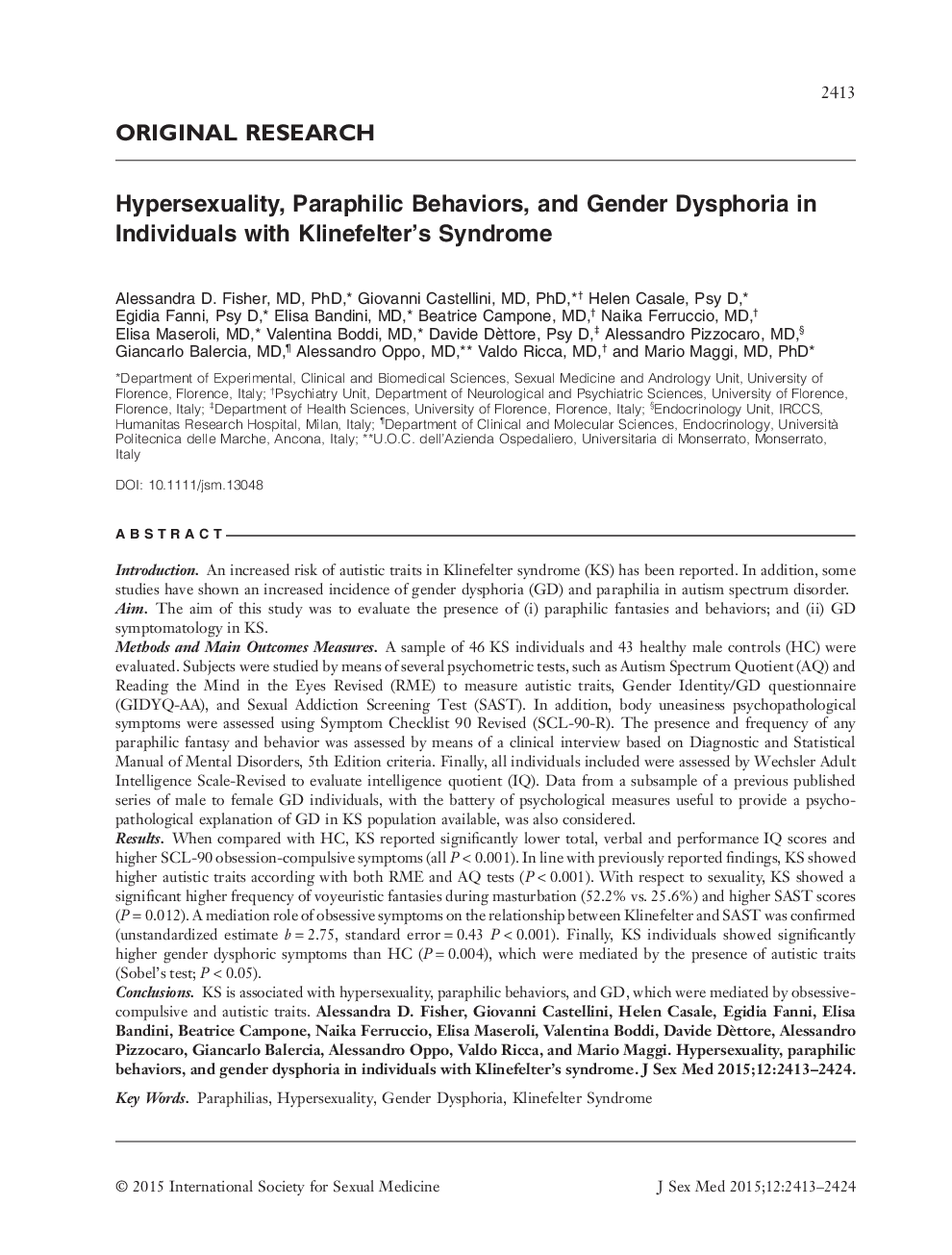 Hypersexuality, Paraphilic Behaviors, and Gender Dysphoria in Individuals with Klinefelter's Syndrome