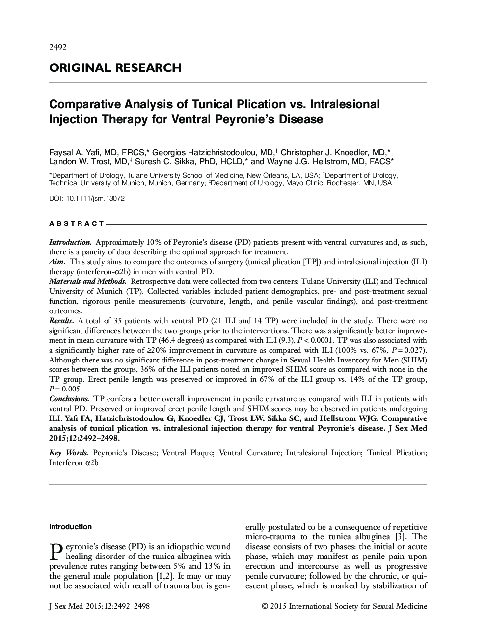 Comparative Analysis of Tunical Plication vs. Intralesional Injection Therapy for Ventral Peyronie's Disease